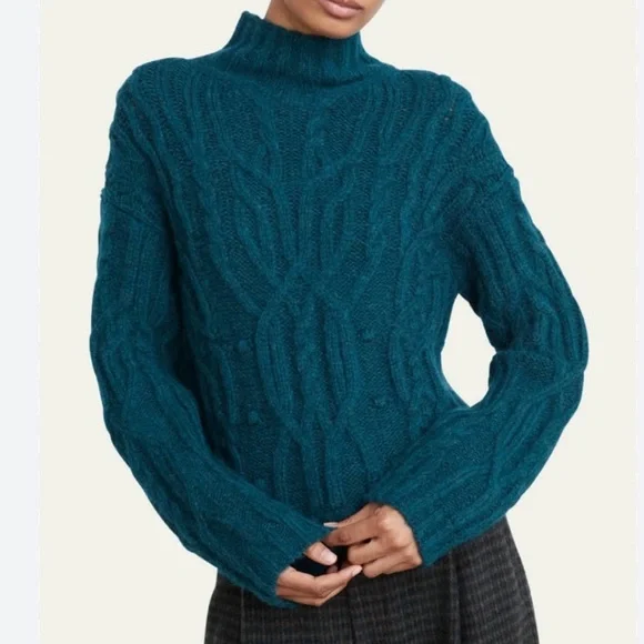 VINCE Interlaced Cable Knit Turtleneck Sweater Dark Malachite Sz M Alpaca Wool - Picture 15 of 15
